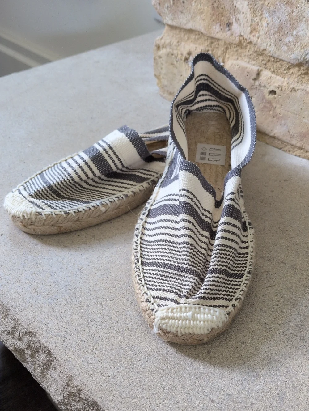 COSIDO A MANO I Blue & Cream Striped Canvas Espadrille Slip-Ons Shoes, 38 7.5-8